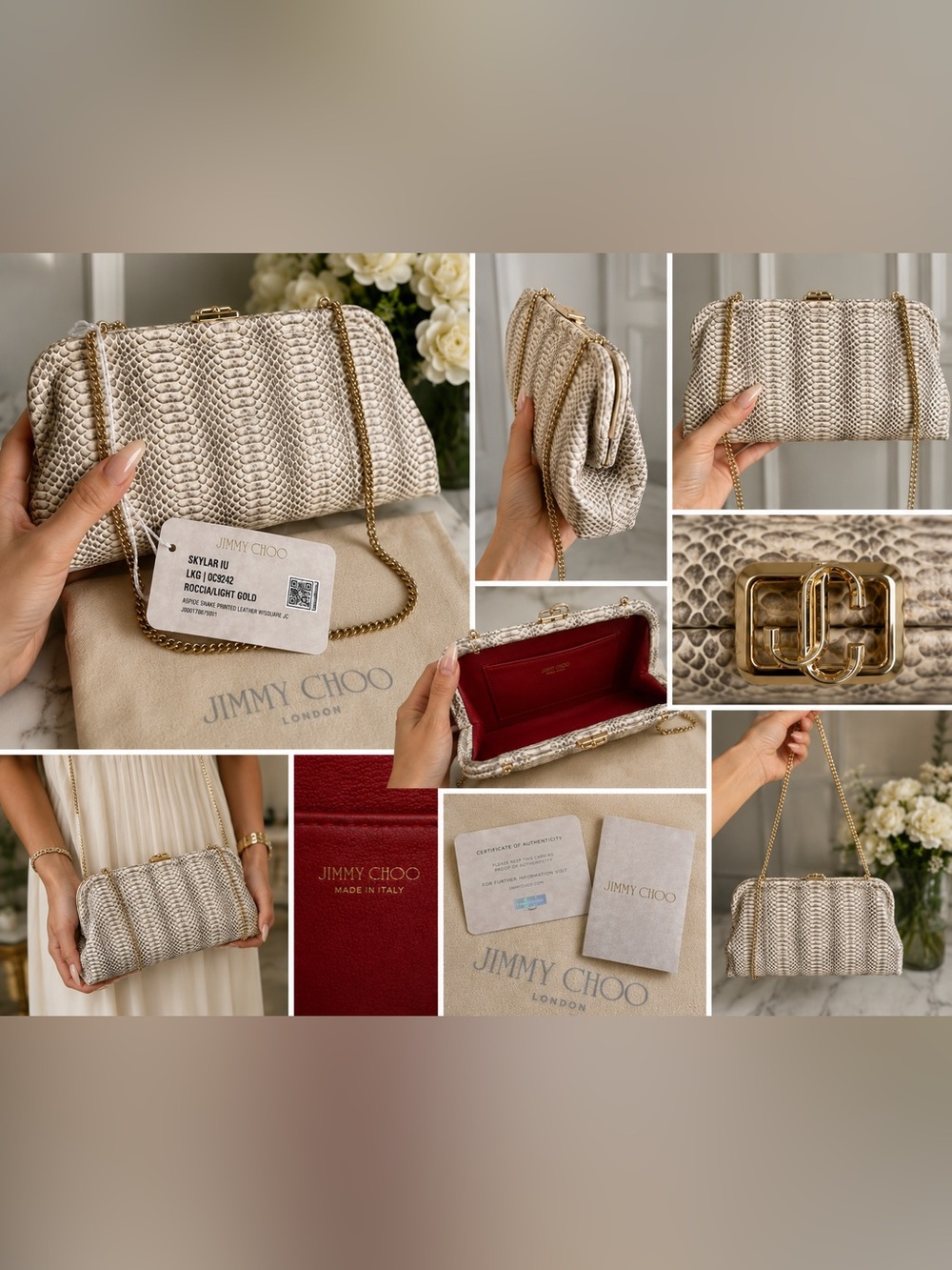 NEW $1390 Jimmy Choo Gold Textured Chain snake clutch multi way leather bag.
